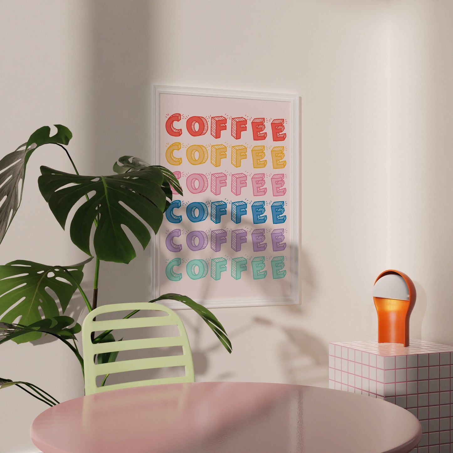 A typography print, with stylised text. The word 'coffee' is repeated 6 times in different rainbow colours.