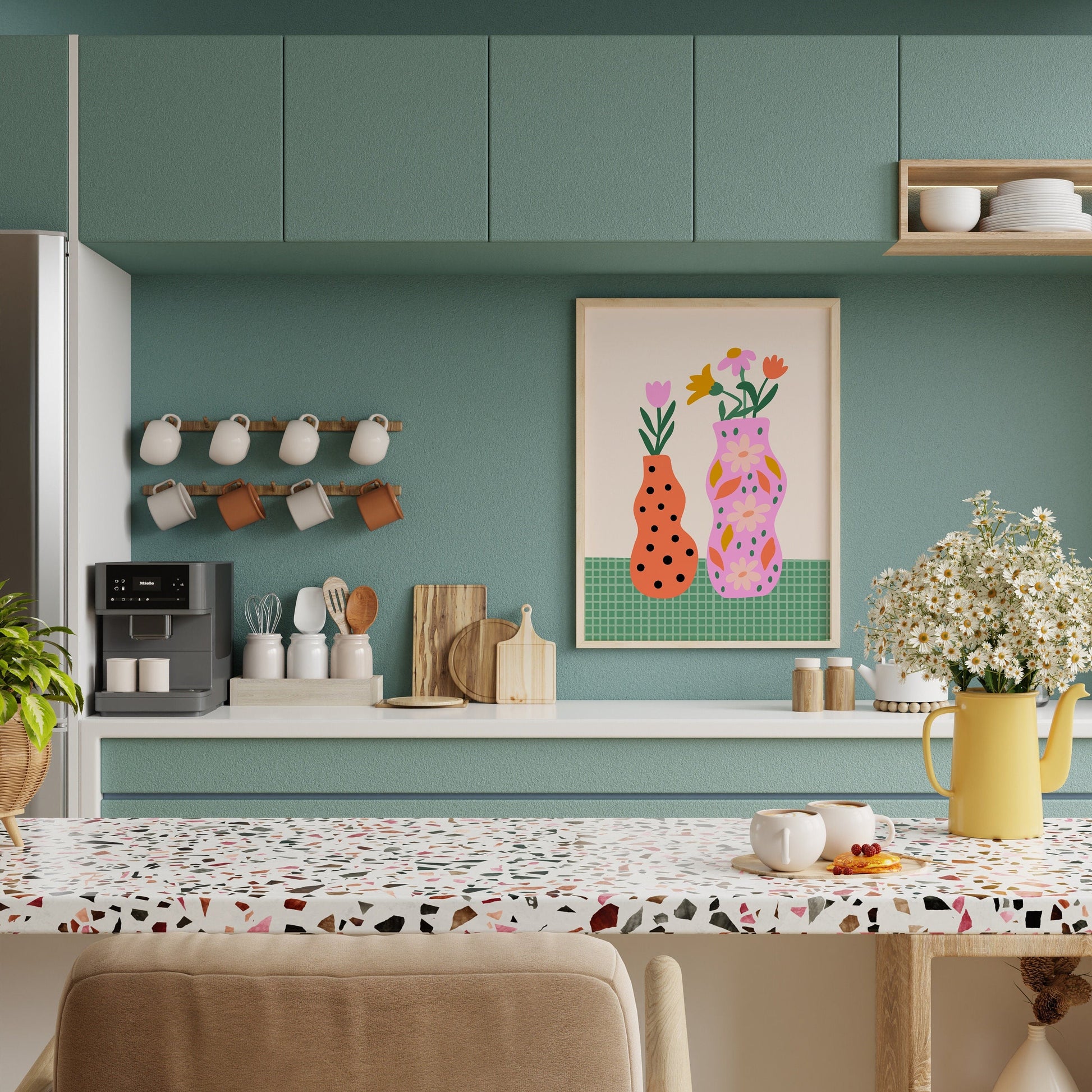 A vibrant vases print, in shades of pink orange and green, with flower illustrations.