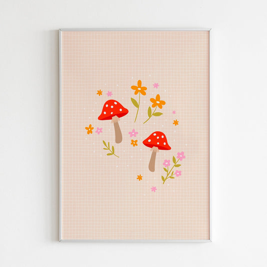 An illustration of a two cute mushrooms in shades of red and pink, surrounded by floral illustrations, shown in a frame.