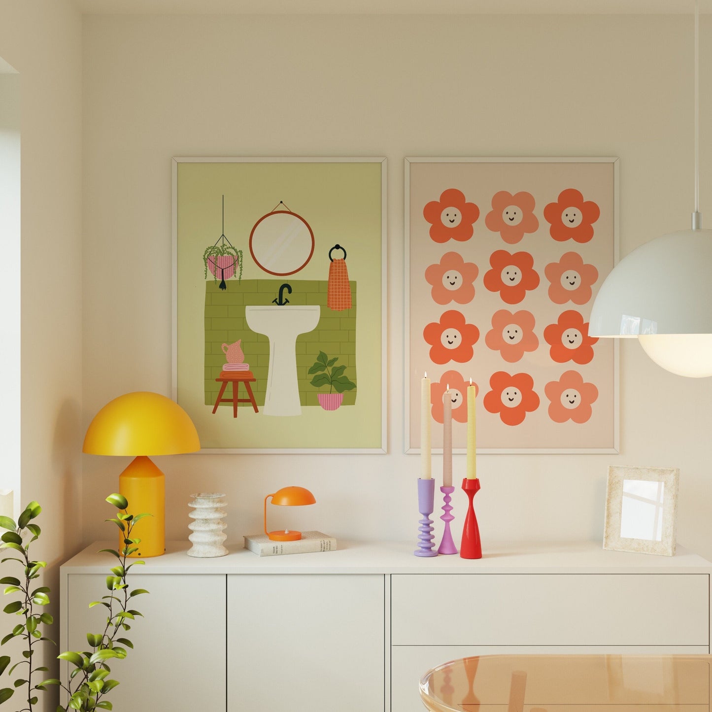An illustration of a bathroom scene, with a sink, a mirror and plants in shades of green and orange and white. Shown next to a orange smiling flower print.