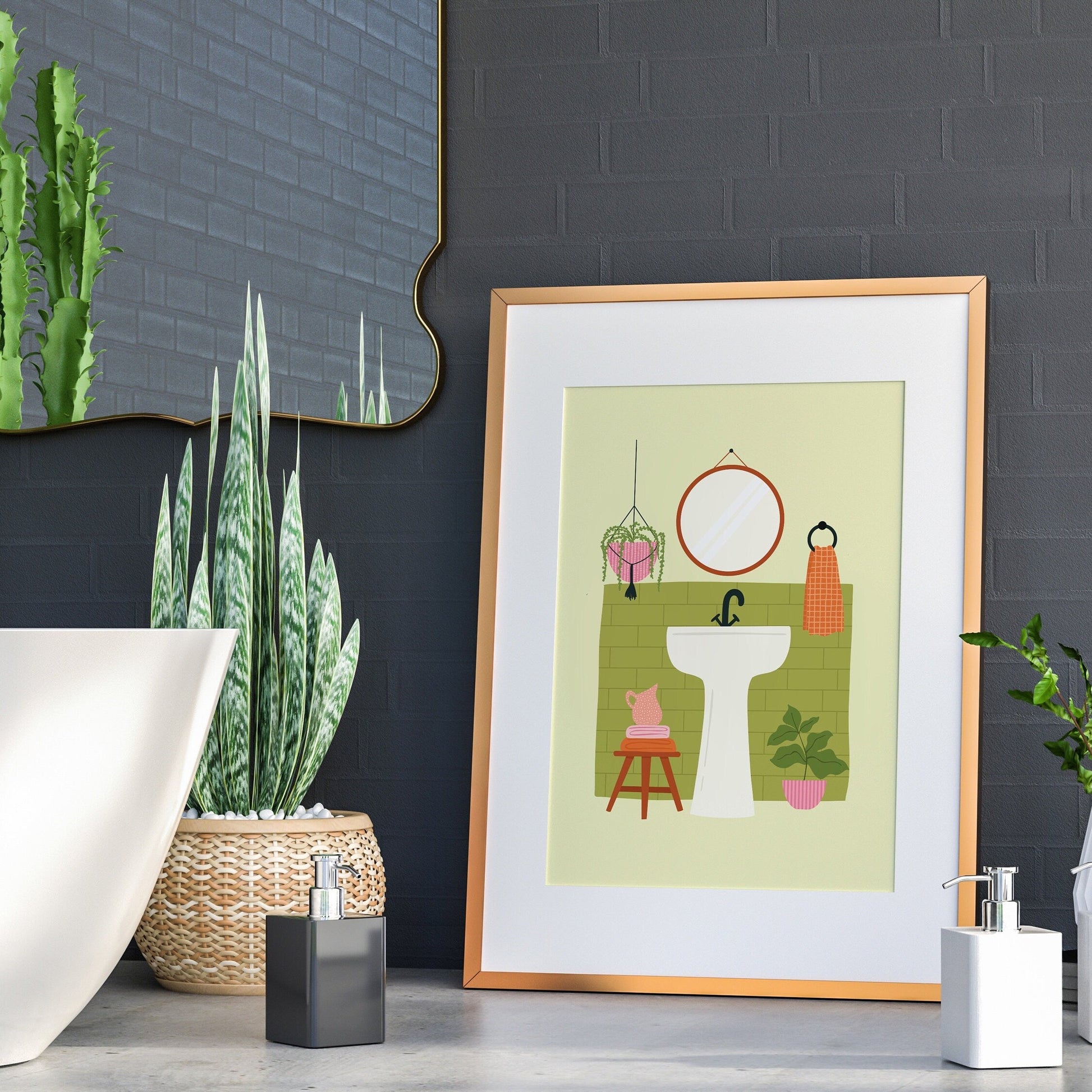 An illustration of a bathroom scene, with a sink, a mirror and plants in shades of green and orange and white.