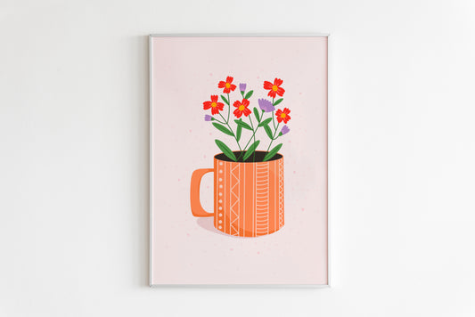 Mug With Flowers Print in Pale Pink & Orange