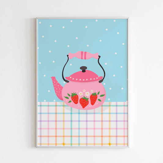 A fun kitchen print with an illustration of a kettle with strawberries on it, in pink and blue colours.