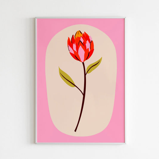 An illustration of a flower stem in shades of red and pink, shown in a frame.