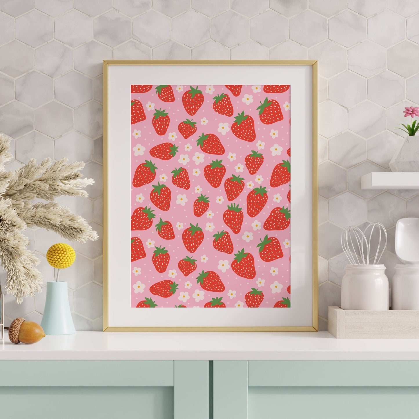 A vibrant pattern featuring strawberries and small white daisies, on a pink background. 
