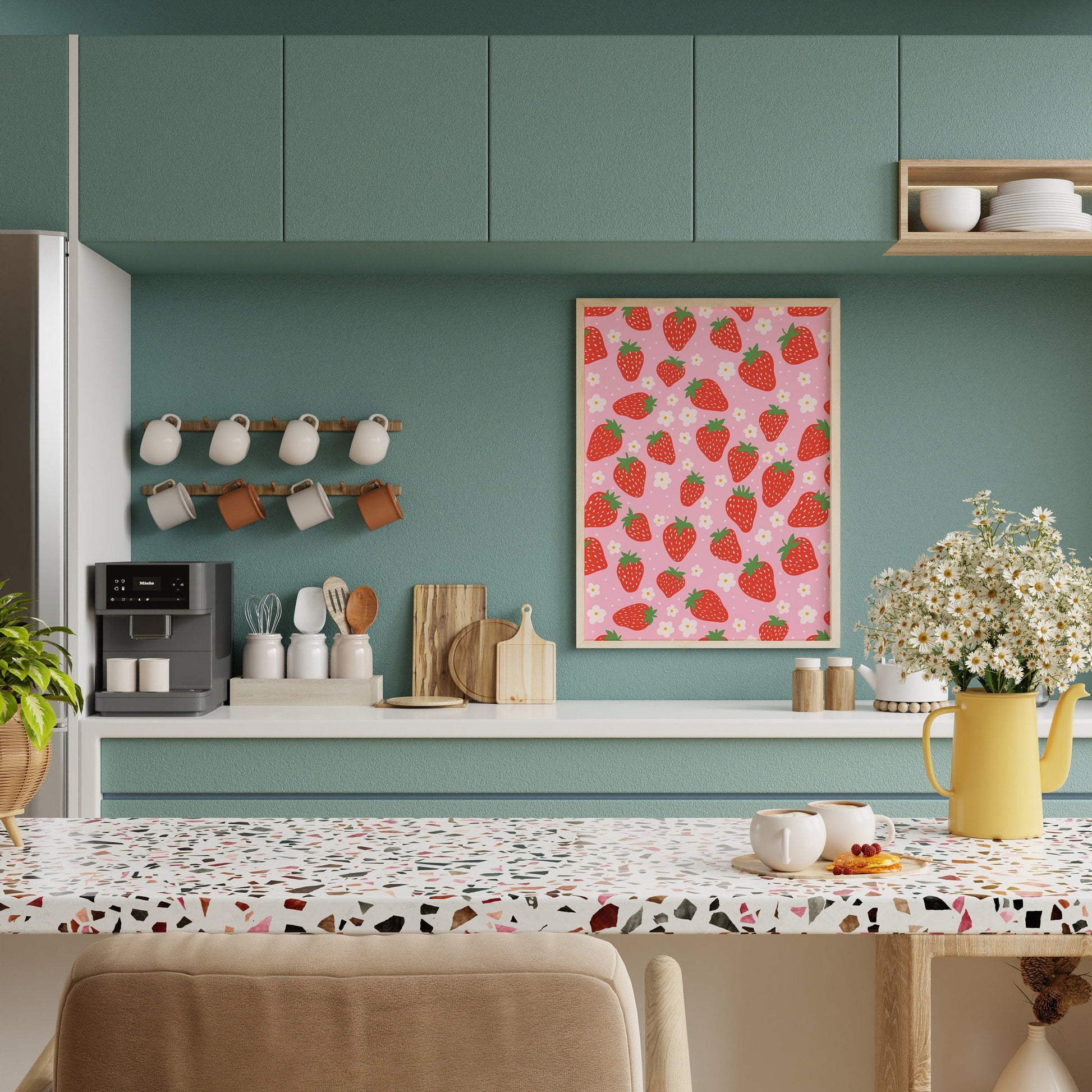 A vibrant pattern featuring strawberries and small white daisies, on a pink background. 
