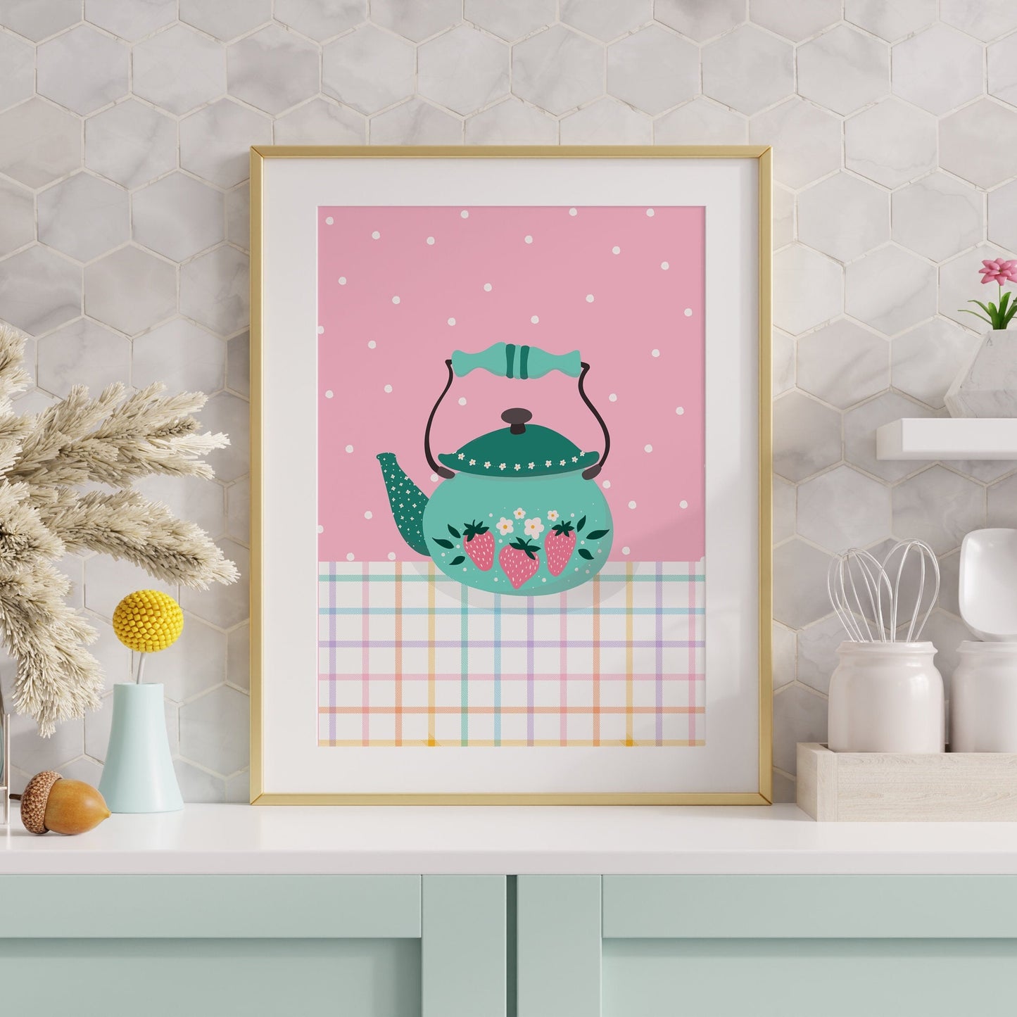 An illustration of a teal kettle, with strawberries on it, on a checkerboard and pink patterned background.