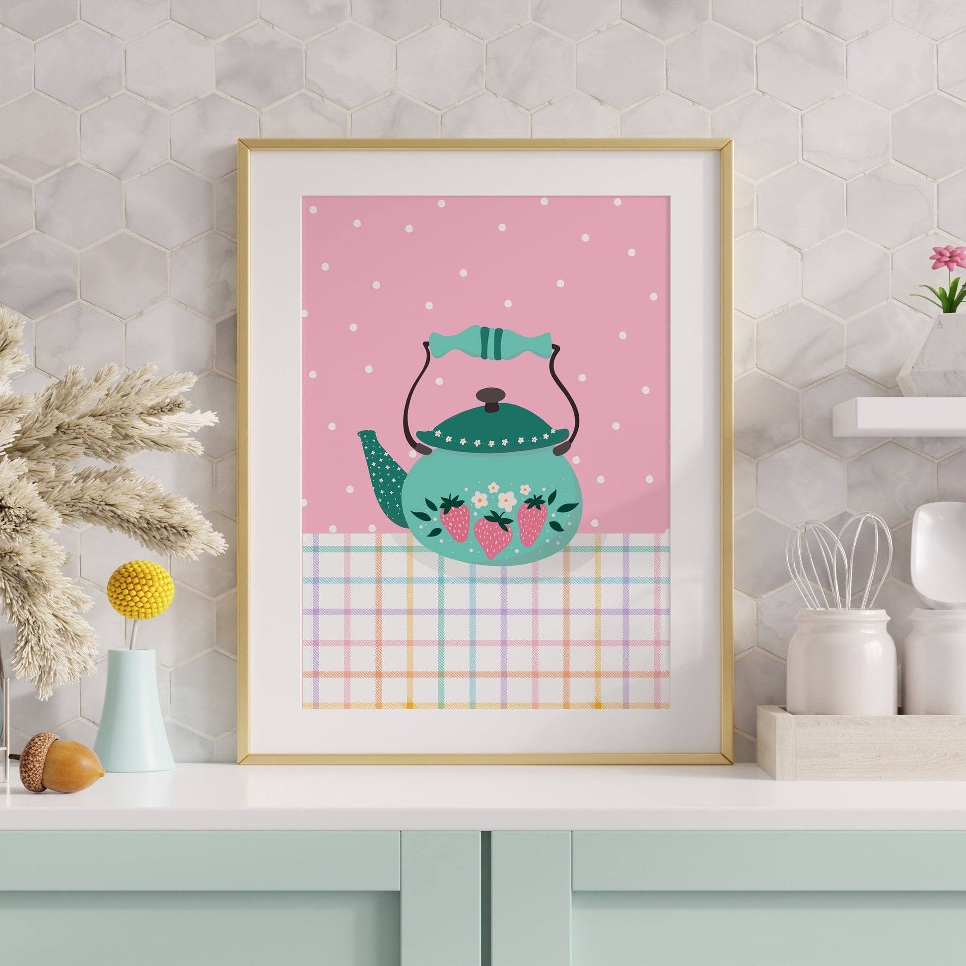 An illustration of a teal kettle, with strawberries on it, on a checkerboard and pink patterned background.