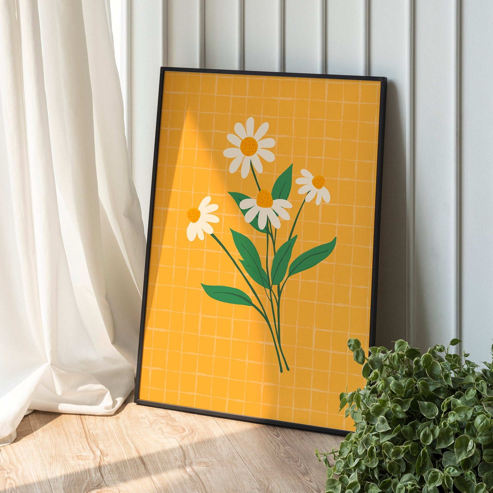 An illustration of a bunch of white daisies, on a yellow checkered background.