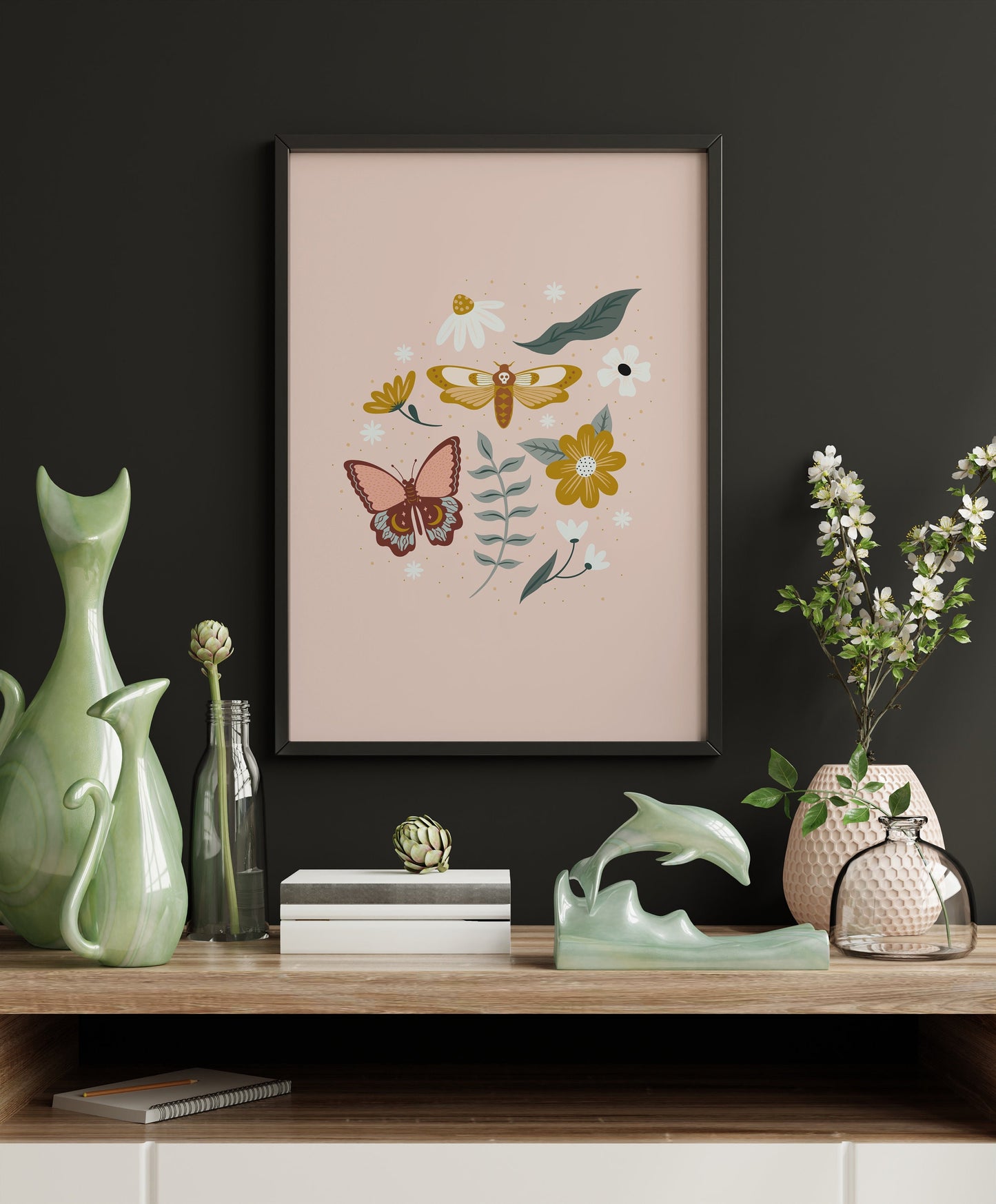 Moth & Butterfly Print in Pale Pink