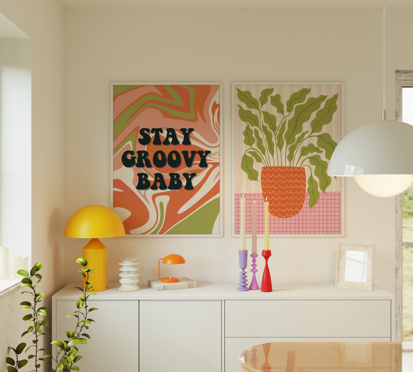 House Plant Illustration Print in Pink and Orange
